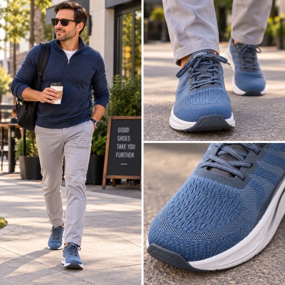 Orthofeet Edgewater Mens Blue Grey Athletic Walking Shoes 20019 Size 7.5 D